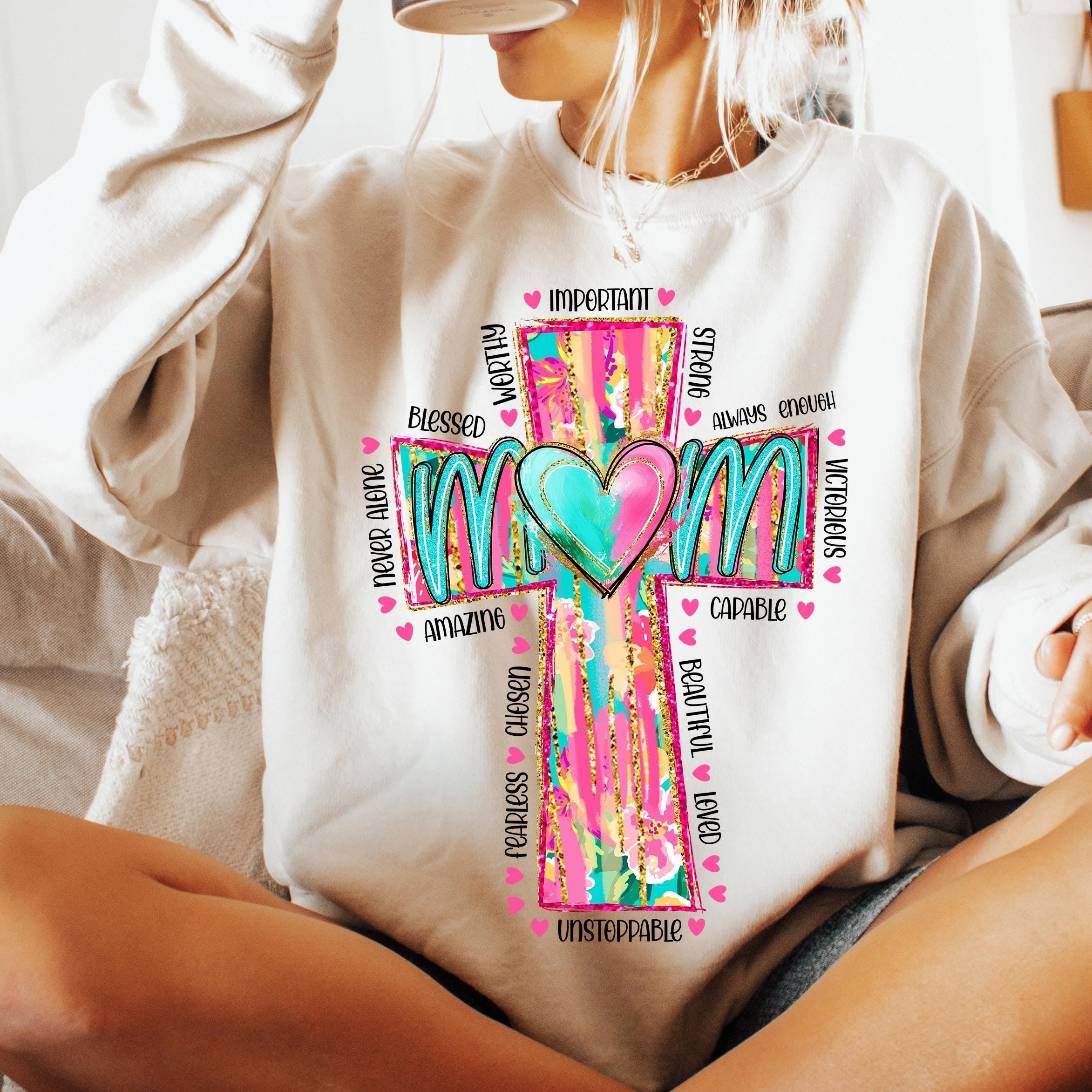 Comfort Colors® Strong Worthy Beautiful Loved Shirt, Christian Mama Shirt, Hand Drawn Cross Shirt, Mother's Day Gift, Trendy Religious Faith Shirt